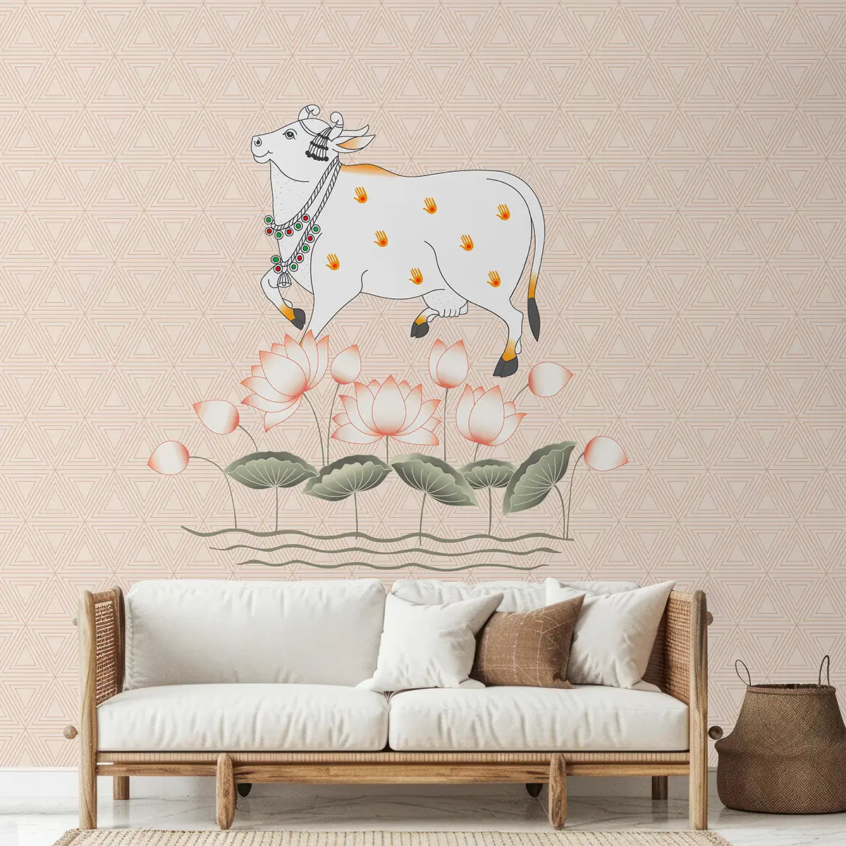 Cow and Lotuses, Pichwai Wallpaper Cream Color