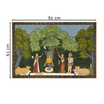 Krishna Leela with Gopies Vintage Frameless Indian Painting Wall Art Digital Print