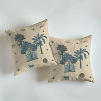 Raag, Jungle Theme Cushion Cover, Set of 2 Blue & Beige Forest, animals, trees, shop