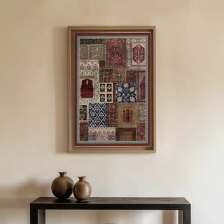 Aalishan Exquisite Indian Carpet Wall Art framed above a minimalist console table with ceramic vases, adding warmth and sophistication to the interior space.