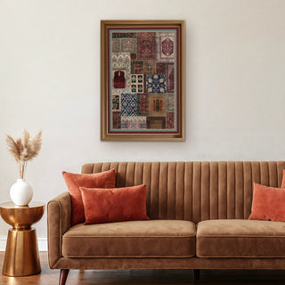 Aalishan Exquisite Indian Carpet Wall Art displayed in a modern living room above a brown velvet sofa with rust cushions, blending heritage with contemporary decor.