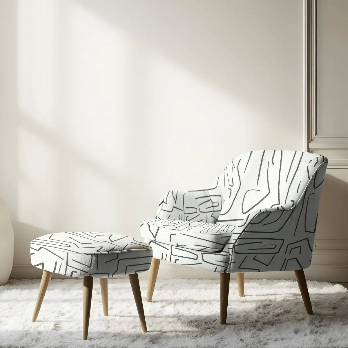 Abstract Design Sofa and Chairs Upholstery Fabric Black White