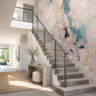 A Staircase Area Styled with a Amara Abstract Wallpaper. view-staircase


