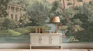 Decorative wallpaper of a classical landscape with a lamp and books on a cabinet.