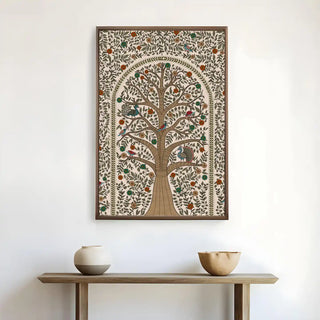 Anant Madhubani Tree of Life Wall Art displayed above a dark wooden console with ceramic vases, showcasing an elegant fusion of heritage and sophistication.

