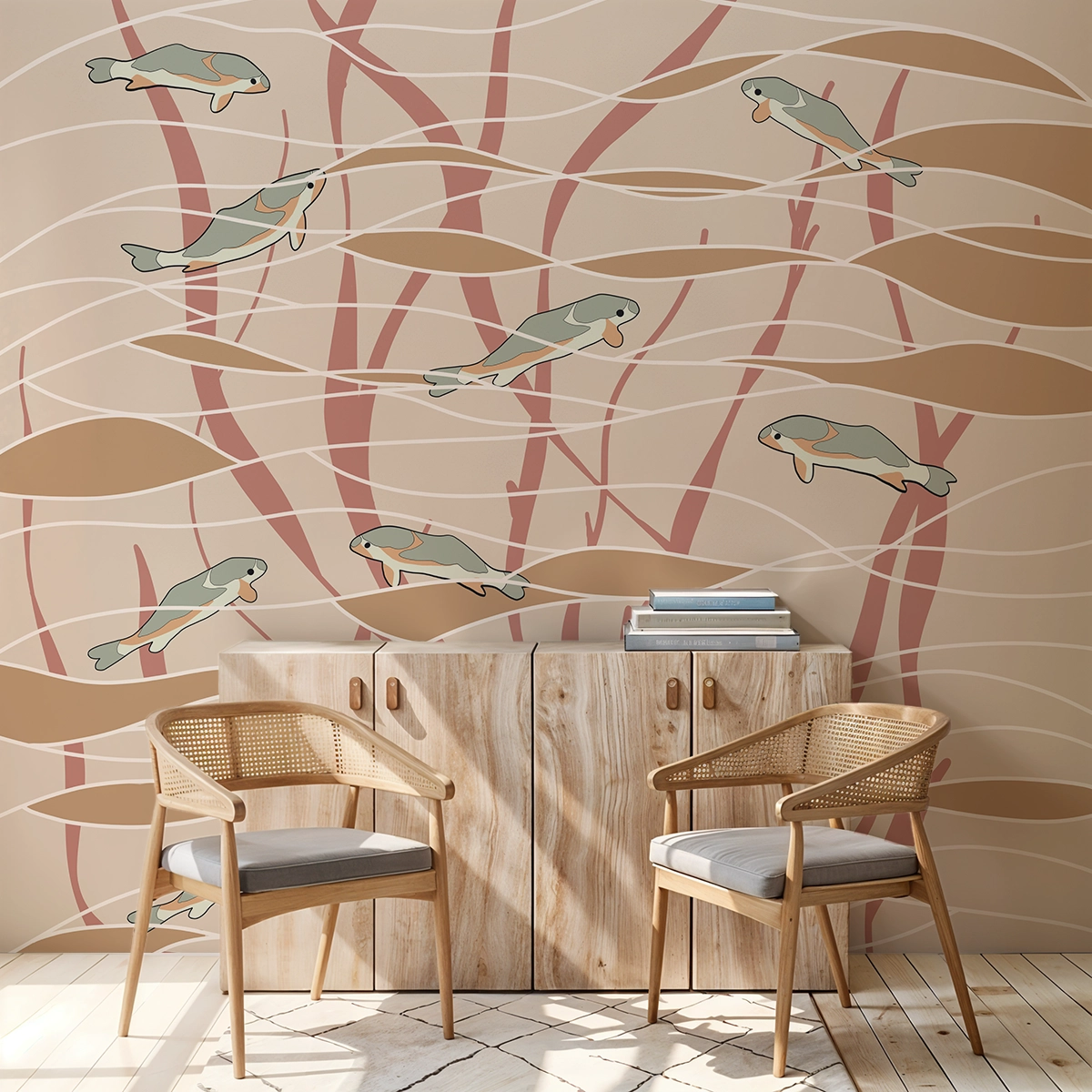 Aqua Whispers With Clay Blush Abstract Customised Wallpaper for Rooms