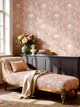 A close-up of Chic Toile light brown velvet fabric used on a button-tufted armchair featuring white neoclassical landscape motifs.