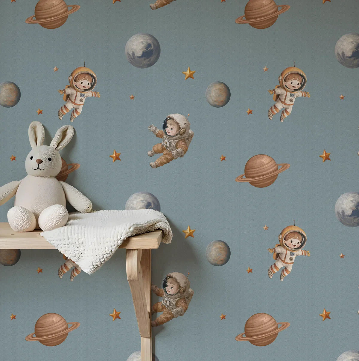 Astronaut Adventures Repeat Pattern, Design for Kids Room Closeup 