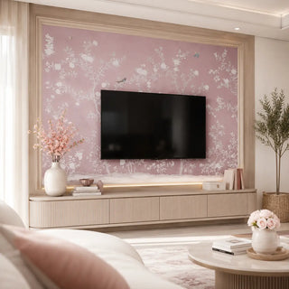 This living space is a masterclass in soft minimalism, showcasing a stunning pink Chinoiserie backdrop that brings a touch of nature's poetry indoors. Framed by light wood tones and a contemporary fluted TV unit, the room balances vintage botanical charm with sleek, modern silhouettes. This combination of dusty rose hues, indirect lighting, and airy textures results in a luminous and tranquil living space that radiates timeless elegance. view-tvpanel