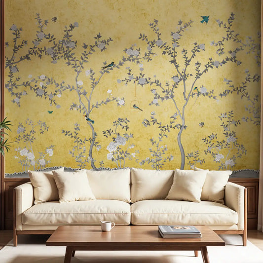 Yellow Aura in the Garden, Luxury Chinoiserie Wallcovering Living Area 