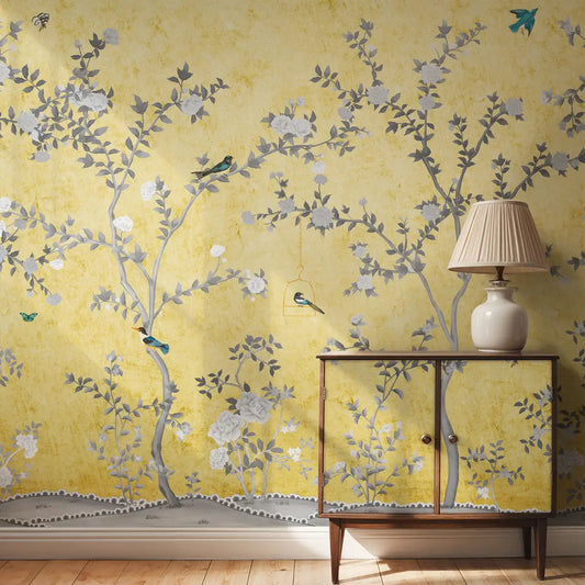 Yellow Aura in the Garden, Luxury Chinoiserie Wallcovering 