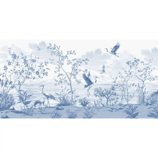 Rectangular strip showing the full horizontal scenic pattern of cranes, trees, and marsh in blue Toile style.