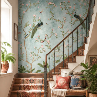 The Bagiya Peacock Chinoiserie wallpaper, featuring a graceful peacock on a blossoming branch on a staircase area. view-staircase
