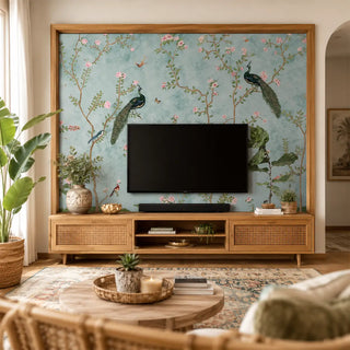 The Bagiya Peacock Chinoiserie wallpaper in a room, featuring a graceful peacock on a blossoming branch against a TV panel. view-tvpanel