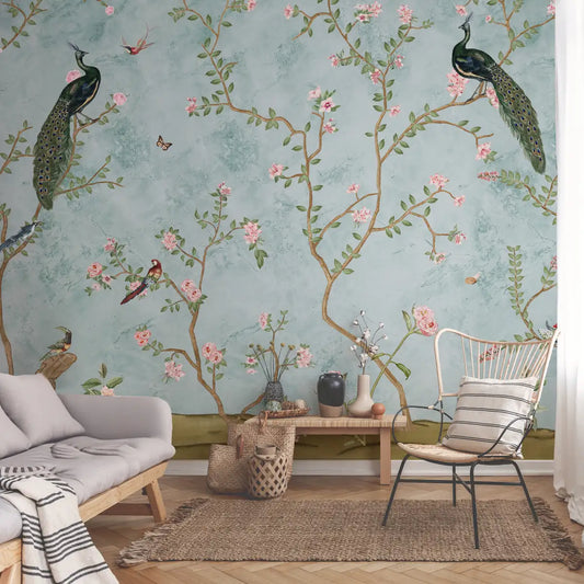 Bagiya, Peacock Chinoiserie Wallpaper in Indian Style, Customised Living room