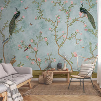 Bagiya, Peacock Chinoiserie Wallpaper in Indian Style, Customised Living room