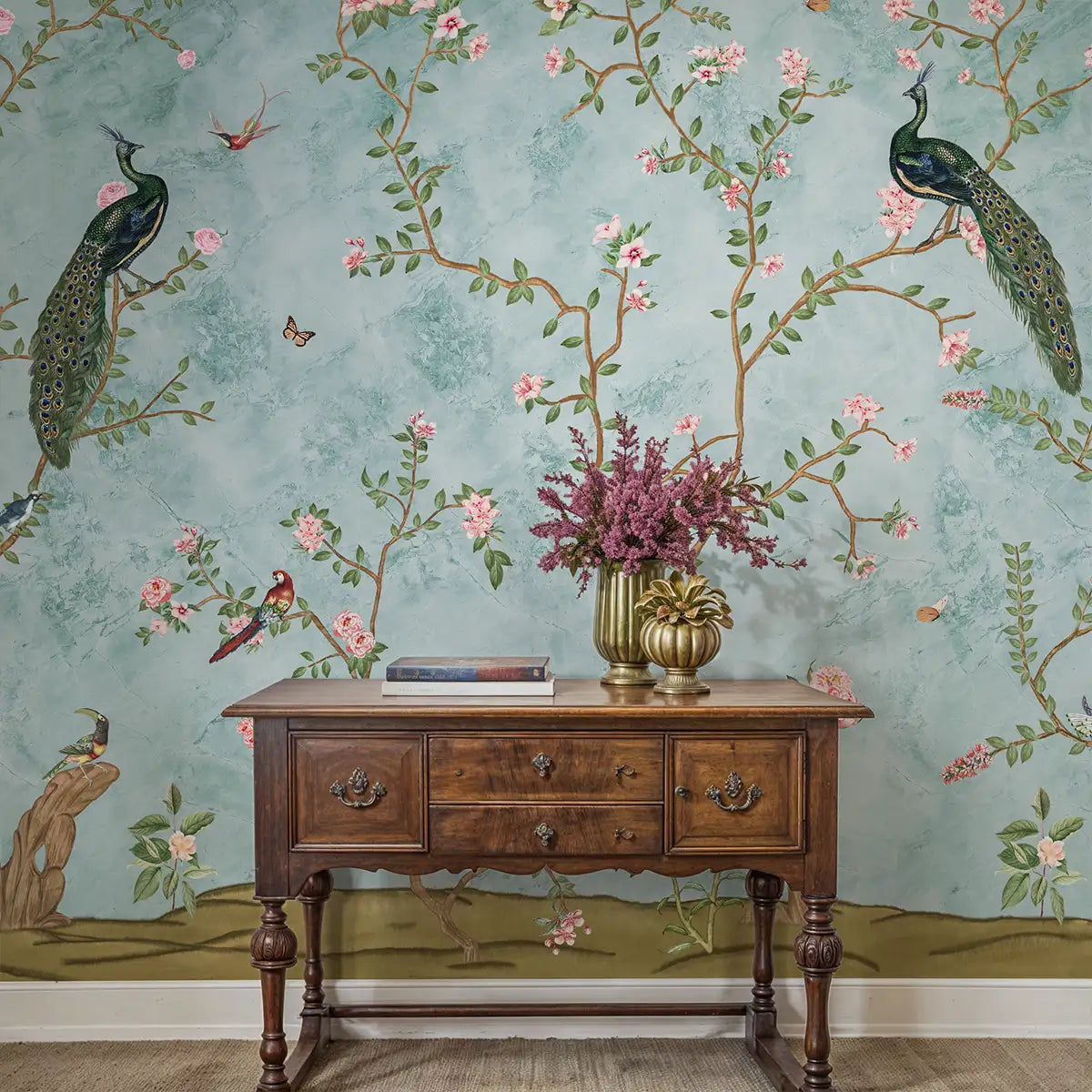 Bagiya, Peacock Chinoiserie Wallpaper in Indian Style, Customised Foyer Area