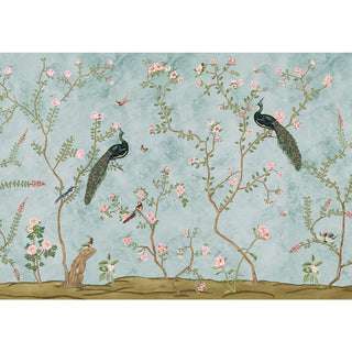 Mural of peacocks on flowering branches against a textured blue background.