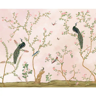Decorative wallpaper with peacocks, birds, and floral branches on a pink background