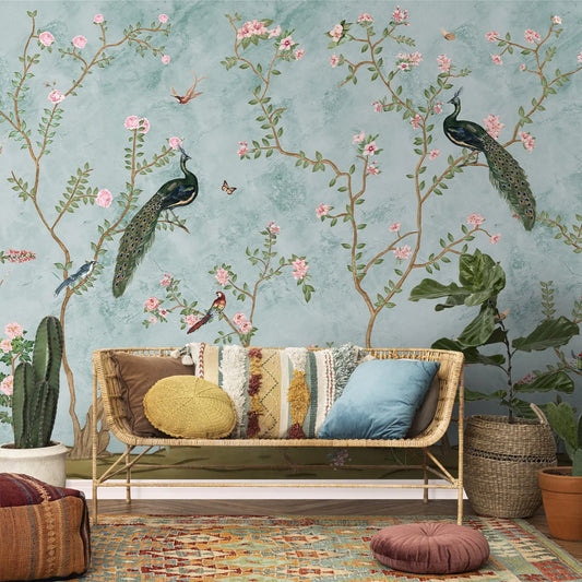 Bagiya, Peacock Chinoiserie Wallpaper in Indian Style, Customised