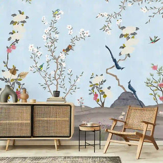 Beautiful Blue Chinoiserie Floral Room Wallpaper, Customised Living Room 