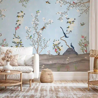 Beautiful Blue Chinoiserie Floral Room Wallpaper, Customised Living Area 