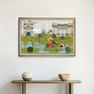 Bharat Rajasthani King Painting Wall Art displayed above a minimalist console with ceramic bowls, highlighting royal charm in a serene modern space.