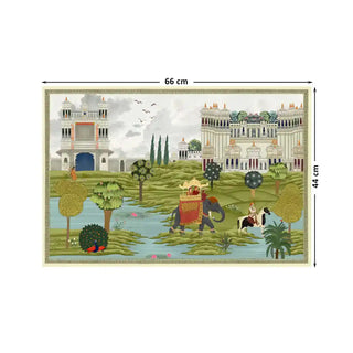 Bharat Rajasthani King Painting Wall Art Digital Print Poster in 44x66cm, featuring a royal scene with intricate palace architecture and lush green landscapes.