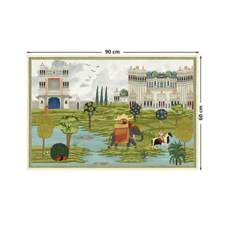 Bharat Rajasthani King Painting Wall Art Digital Print Poster in 60x90cm, depicting regal elephants and riders near grand Rajasthani palaces.