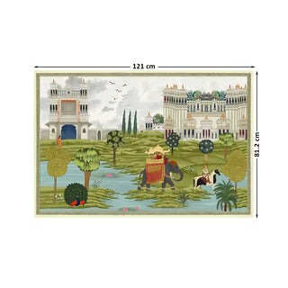 Bharat Rajasthani King Painting Wall Art Digital Print Poster in 81.2x121cm, showing majestic Indian royal life with detailed palace surroundings and nature.