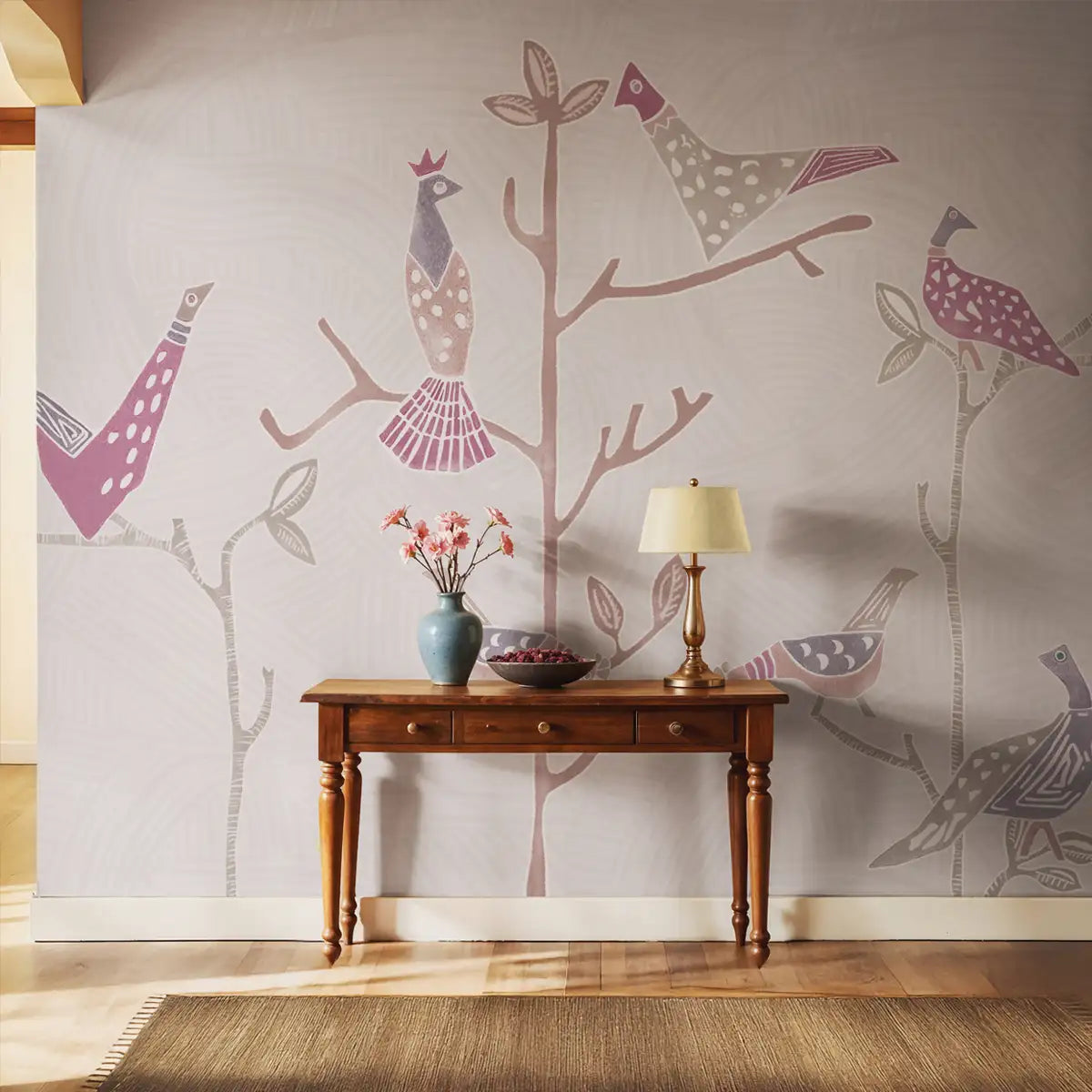 Birds on Branch Pink Abstract Customised Wallpaper for Rooms Foyer Area 