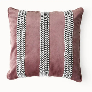 Blush Braid Cushion Cover: Front view of the pink velvet cushion with black n white vertical braids.