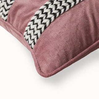 Blush Braid Cushion Cover: Closeup view of the pink velvet cushion with black n white vertical braids.