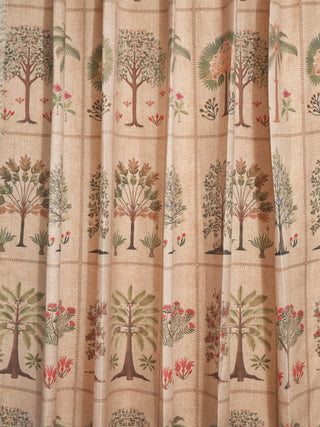 detailed close-up view of the complete repeating fabric pattern. This image serves as a catalogue of the Botanical Bliss design, displaying the array of varied tree species arranged systematically in rows and columns....