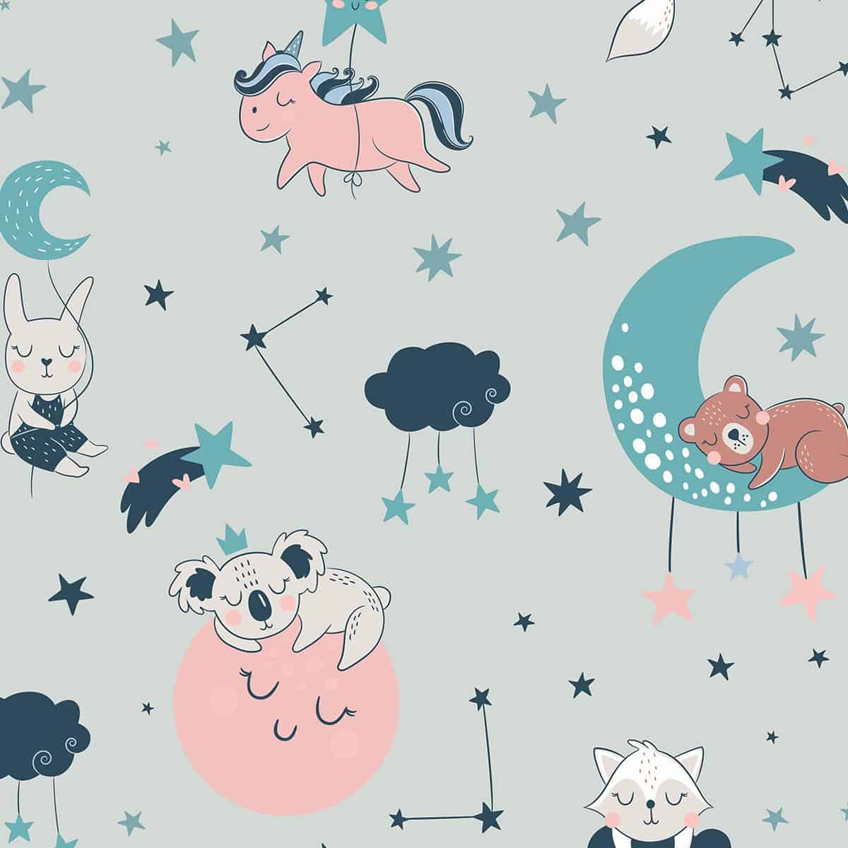Animals Bedtime, Kids Wallpaper for Rooms, Blue