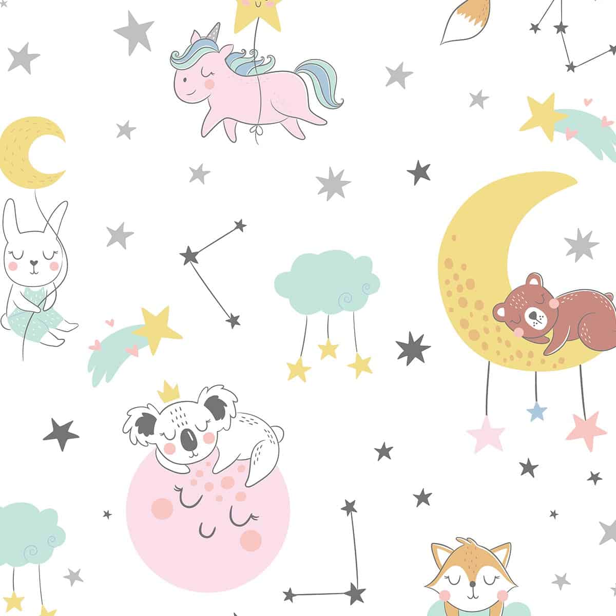 Animals Bedtime, Kids Wallpaper for Rooms, White