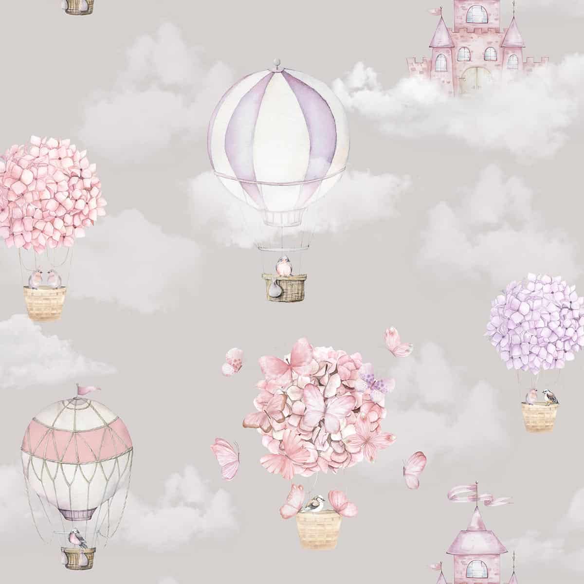Balloons of Blooms, Adorable Hot Air Balloon Wallpaper for Girls Room, Beige