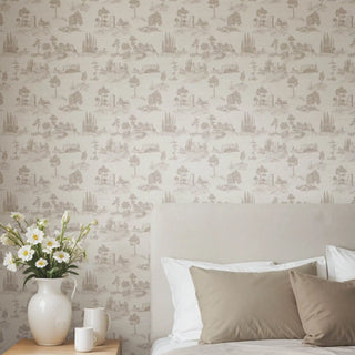 Chic Toile European Wallpaper Roll in Beige And White Color Bedroom