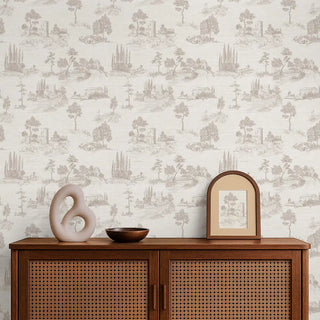 Chic Toile European Wallpaper Roll in Beige And White Color