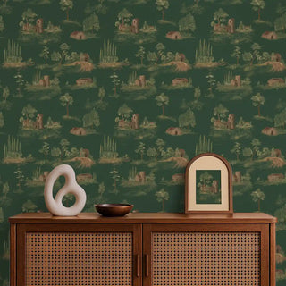 Chic Toile European Wallpaper Roll in Green Color Living Area
