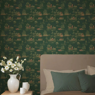 Chic Toile European Wallpaper Roll in Green Color Bedroom