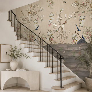A Staircase Styled with Chinoiserie Floral Theme Wallpaper. view-staircase
