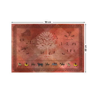 Chitra Indian Warli Painting Wall Art Digital Print Poster in 60x90cm, featuring tribal figures dancing around a tree on a warm terracotta background.