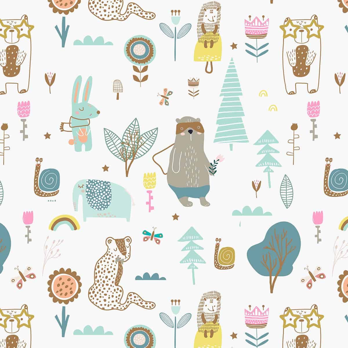 Cuddly Creatures Carousel, Cute Kids Wallpaper Design, Off White