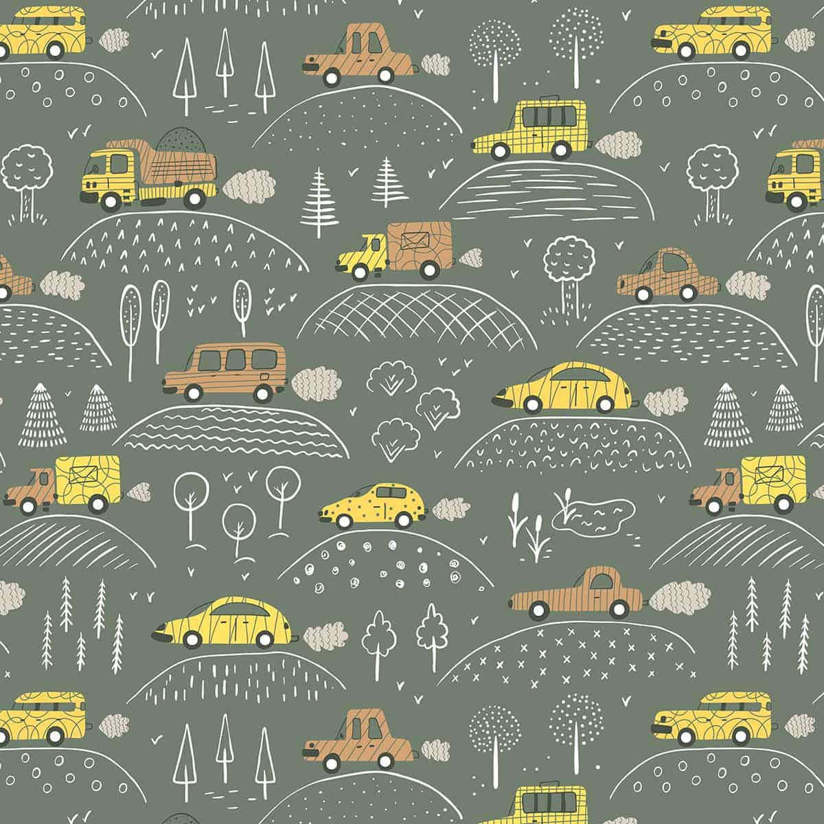 Highway to the Peaks: Cars Repeat Wallpaper Design for Kids, Green