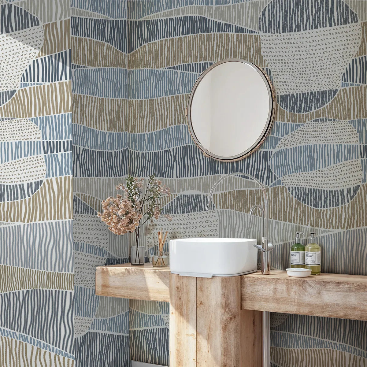 Coastal Strata Abstract Muted Denim Color Customised Wallpaper for Rooms