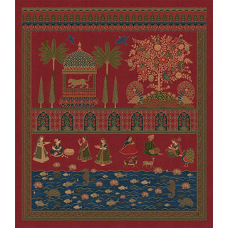 wallpaper showing arches, trees, and detailed figures inspired by traditional Indian art.