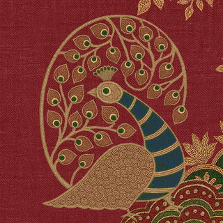 A close-up highlighting a golden peacock with intricate feather detailing against the rich red background.