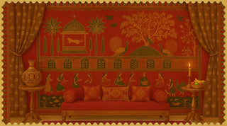 Decorative tapestry with intricate patterns and figures on a red background