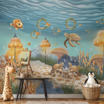 Coral Cafe Dark Blue Underwater Theme Kids Room Customised Wallpaper